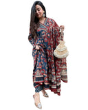 Gosriki Women'S Rayon Blend Printed Anarkali Kurta With Pant & Dupatta (Svr Red-Gs_L_Red_Large),Red,,B0DY838FDX