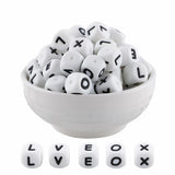 HHCFAST 12mm White Square Letter L,V,E,O,X Alphabet Silicone Beads, 20Pcs Cube Heart Number Letter Silicone Beads for Keychain M