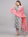 Anni Designer Women'S Cotton Blend Straight Printed Kurta With Pant & Dupatta (Jam001-Grey_S_Dark Blue_Small),Grey,S,Cotton Blend,Regular,Dupatta