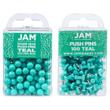 JAM PAPER Colorful Push Pins - Flat & Round Head Thumb Tack Combo Set - Teal Pushpins - 200/Pack
