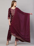 Anni Designer Women'S Cotton Blend Straight Printed Kurta With Pant & Dupatta (Coco Wine-Sm_Xl_Wine_X-Large),Wine,XL,,,