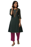 W for Woman Women's Polyester Solid Regular Kurta (22FES10856-216091_Bottle Green_M)