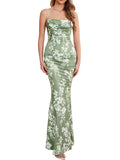 EYNMIN Women s Floral Corset Maxi Dress Sleeveless Bodycon Spaghetti Strap Ruched Elegant Wedding Guest Long Formal Dresses Green Print L-New