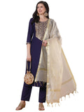 Anni Designer Women'S Rayon Viscose Embroidered Straight Kurta With Pant & Dupatta (Tudari Blue_Xxl_Blue_Xx-Large),Blue,2XL,,,