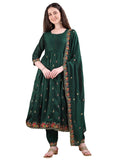 Pratham Blue Anarkali Womens Rayon Embroidered Dupatta Kurta and Trousers, Red, L