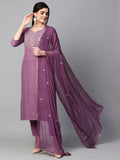 Anni Designer Women'S Cotton Blend Embroidered Straight Kurta With Pant & Dupatta (Kasturi Purple-Ngt_M_Purple_Medium),Purple,M,Cotton Blend,Regular,Kurta, Scarf