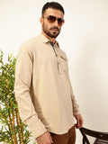 Thomas Scott Men Solid Cotton Linen Kurta Shirt (Ts1531_Beige, L)