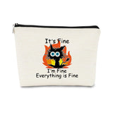 Funny Cute Cat Makeup Bag,Its Fine Im Fine Everythings Fine,Black Cat Cosmetic Bag,Fire Keep Calm Small Pouch,Birthday Gift,Cowo