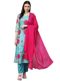 Anni Designer Women'S Cotton Blend Floral Straight Kurta With Pant & Dupatta (Madhya_Turquoise_X-Large),Turquoise,XL,,,
