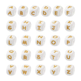 FASHEWELRY 52Pcs Silicone Letter Beads 12mm Square Alphabet Silicone Bead White Gold Cube Focal Beads Bulk for DIY Bracelet Jewe