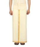 Prakasam Cotton Cream Colour-Gold Jari Border Welcro Pocket Stitched Dhoti For Mens/Size Hip -34 Inches- Length- 42 Inches