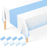JCTHKUKU 4 Pack White and Light Blue Tablecloth Disposable White Printed Pastel Blue Table Runner for Parties Baby & Bridal Show