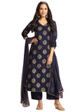 Anni Designer Women'S Rayon Blend Printed Straight Kurta With Pant & Dupatta (Jubal Navy Blue_Xl_Navy Blue_X-Large),Navy Blue,XL
