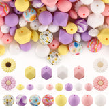 Sunrony 136Pcs Pink Purple Yellow Hexagon Lentil Print 12mm 14mm 15mm Silicone Beads for Keychain Making, 10mm Rhinestone Spacer