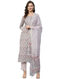 Anni Designer Women'S Cotton Blend Straight Printed Kurta With Pant & Dupatta (Lord Grey-Snw_Xl_Grey_X-Large),Grey,XL