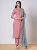 Anni Designer Women'S Rayon Viscose Embroidered Straight Kurta With Pant & Dupatta (Meja Pink_M_Pink_Medium),Pink,M,,,