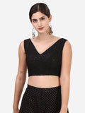 Oomph! Women'S Indian Ethnic Wear Designer Round Leaf Pattern V Neck Sleeveless Cotton Black Blouse For Saree Or Lehnga And Blousepalazzos Or Skirts For A Fusion Twist. Jet Black S