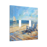Xuejiaku Decorative Light Switch Cover Sea Beach Chair Oil Painting Ocean Sailboat 2 Gang Wall Plates Double Toggle Switch Plate