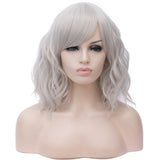 BUFASHION 14 Women Short Wavy Curly Wig Silver Bob Cosplay Halloween Synthetic Wigs With Neat Bang With Free Wig Cap(Silver)