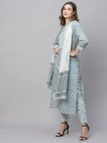 Anni Designer Women'S Cotton Blend Straight Printed Kurta With Pant & Dupatta (Dudu Blue_L_Blue_Large),Blue,L,,,