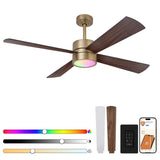 Gold Ceiling Fans with Lights, 52 Inch Chandelier Ceiling Fan with RGB LED for Bedroom, Remote/ APP Control, Brass Outdoor Ceili