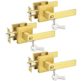 Probrico 3 Pack Gold Entry Door Lever Lock,Antique Brass Heavy Duty Interior Front Door Handles with Key, Entrance Exterior Lock