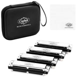 Coghek Professional Harmonica Set 4 Pack, 10 Hole 20 Tone Blues Harp in Keys C G D A, Silver Diatonic Mouth Organ Bundle with St