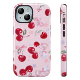 QLTYPRI Case for iPhone 13/14, Aesthetic Cute Pink Cherry Bow Phone Case for Girls Women, Protective Hybrid 2-Layer Hard Shell S