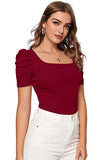 Wedani Women'S Casual Puff Sleeves Solid Top (Large Maroon),Maroon,L,Polyester,Regular,