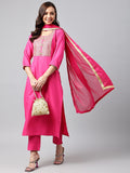 Anni Designer Women'S Cotton Blend Embroidered Straight Kurta With Pant & Dupatta (Lissy Sty Pink_L_Pink_Large),Pink,L,Cotton Blend,Straight,Kurta, Scarf