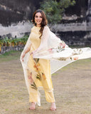 Anni Designer Women'S Chanderi Cotton Straight Printed Kurta With Pant & Dupatta (Falak Cream_S_Cream_Small),Cream,S,Chanderi Cotton,Regular,Dupatta