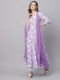 Anni Designer Women'S Cotton Blend Anarkali Printed Kurta With Pant & Dupatta (Amig-Purple_Xxl_Purple_Xx-Large),Purple,2XL,Cotton Blend,Anarkali,Kurta, Scarf