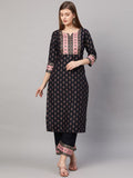 Anni Designer Women'S Cotton Blend Straight Kurta With Palazzo & Dupatta (Deep Black_Xxl_Black_Xx-Large),Black,2XL,Cotton Blend,Straight,Kurta, Pants, Scarf