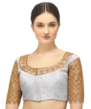 Pujia Mills Women's Embroidery Handwork Sequence Work Necklace Design Readymade Blouse (White, 32)