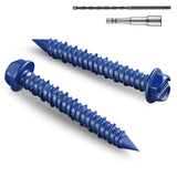 BNUOK 100Pcs 1/4 x 2-1/4 Inch Concrete Screws Anchor with Drill Bit, Blue Hex Head Masonry Brick Stucco Cement Block Screws, Dia