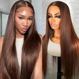 OOVVDA 32 Inch Chocolate Brown Lace Front Wigs Human Hair 13x6 Colored 4# Straight Lace Front Wigs Human Hair Pre Plucked 200% D