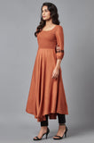 W Brown Rayon Blend Embroidered A-Line Kurta For Women Rust Brown 3Xl