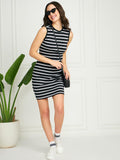 Modeve Women Striped Sleeveless Bodycon Dress Black Black M