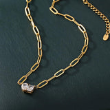 Gold Link Chain Necklace with Clear Zircon Heart & Square Charm 18K Gold Plated Titanium Steel Adjustable 21.2 + 1.96 Elegant