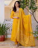Gosriki Women'S Rayon Viscose Embroidered Anarkali Kurta With Pant & Dupatta (Kanota Yellow-Vks06-Gs_S_Yellow_Small),Yellow,,B0DV4CKXST