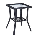 Pinikuyiro Outdoor Side Table with Storage Wicker Patio Side Table, Tempered Glass Top End Table for Balcony Porch Deck (Black)