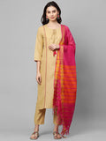 Anni Designer Women'S Cotton Blend Straight Printed Kurta With Pant & Dupatta (Carnival Beige_S_Beige_Small),Beige,S,Cotton Blend,Straight,