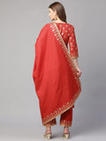 Anni Designer Women'S Cotton Straight Kurta With Pant & Dupatta (Kptd-Cot-10061-Red_M_Red_Medium),Red,M,Cotton,Straight,Kurta, Pants, Scarf