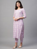 Anni Designer Women'S Cotton Blend Printed Straight Kurta With Pant (Mukh Purple_L_Purple_Large),Purple,L,Cotton Blend,Regular,Pants