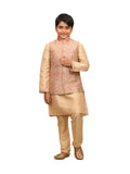 Manyavar Kurta Churidar with Jacket Set for Boys and Kids, Full Sleeves Buttoned Mandarin Collar Blended Silk (Pista) (10 Years-