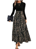 Hkv Clasi WomenS Autumn Dress With Bow Tie Belt, Leaf & Floral Patchwork ALine Dress Maxi Women Outfit Black