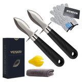 Wendom Oyster Knife Shucker Set Oyster Shucking Knife And Gloves Cut Resistant Level 5 Protection Seafood Opener Kit Tools Gift(2Knifes+2Glove+1Cloth) -Like New