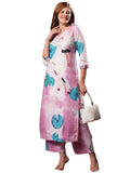 Anni Designer Women'S Cotton Blend Straight Printed Kurta With Palazzo (Swans Baby Pink_L_Baby Pink_Large),Baby Pink,L