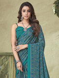 Satrani Women'S Silk Crepe Floral Printed Saree With Unstitched Blouse Piece(2858S2463N_Rama Green & Blue)