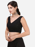 Oomph! Women'S Indian Ethnic Wear Designer Round Leaf Pattern V Neck Sleeveless Cotton Black Blouse For Saree Or Lehnga And Blousepalazzos Or Skirts For A Fusion Twist. Jet Black S